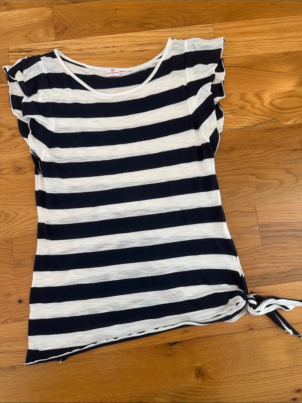 Ag Adriano Goldschmied Navy and White Striped Tie-Side Short Sleeve Top